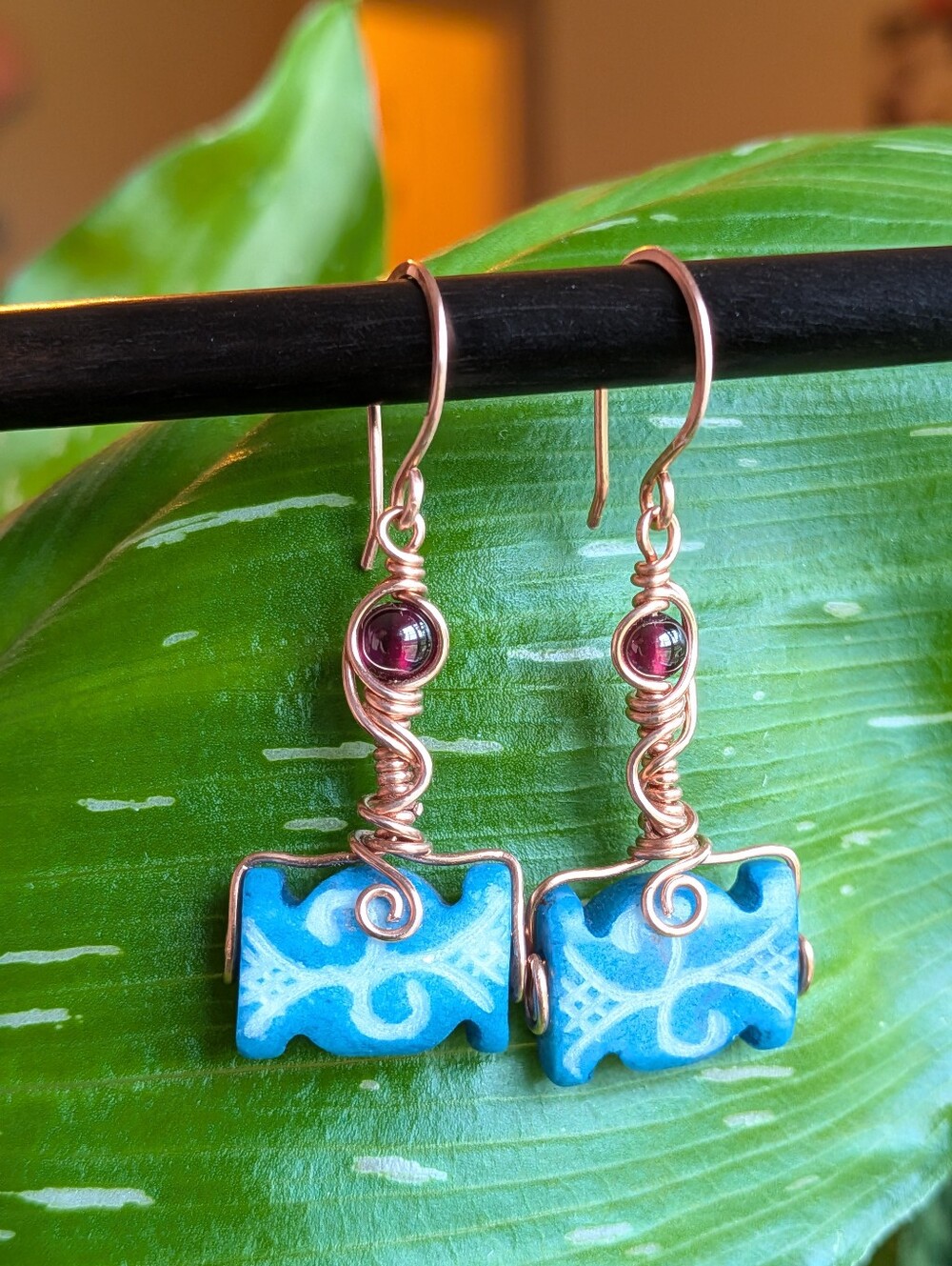 Viking Inspired Earrings Carved Vintage Glass And Garnets In Copper - Picture 5 of 16